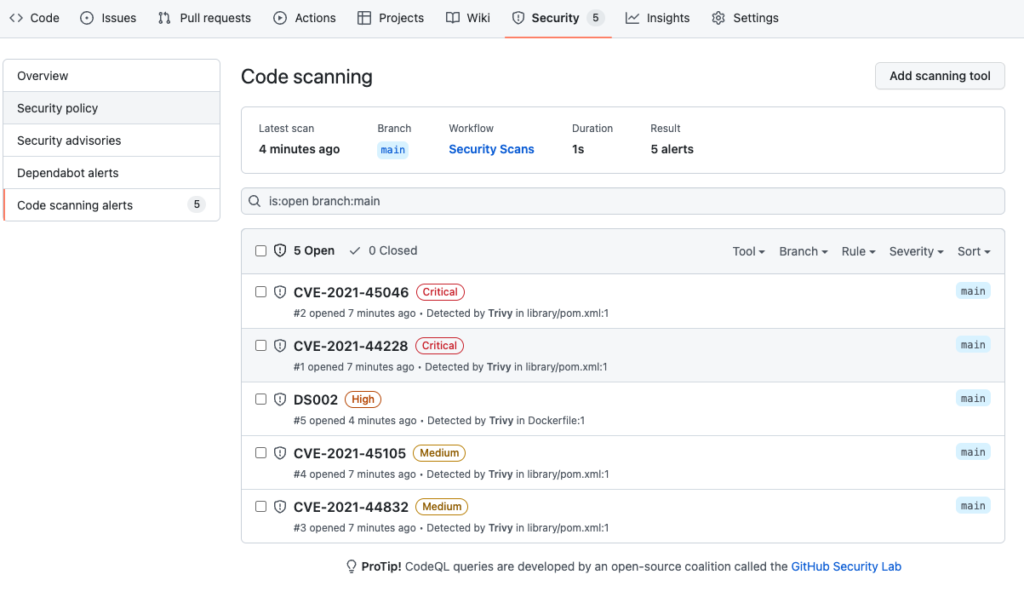 The results of our Trivy scan in GitHub's Code Scanning section.